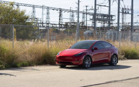 Red Multi Coat Tesla Model Y UP CYBRHX Wheels in Satin Titanium Image 1