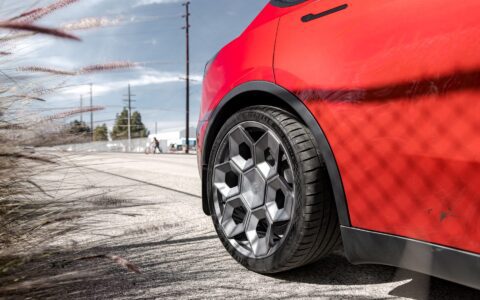 Red Multi Coat Tesla Model Y UP CYBRHX Wheels in Satin Titanium Image 10