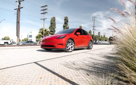 Red Multi Coat Tesla Model Y UP CYBRHX Wheels in Satin Titanium Image 18