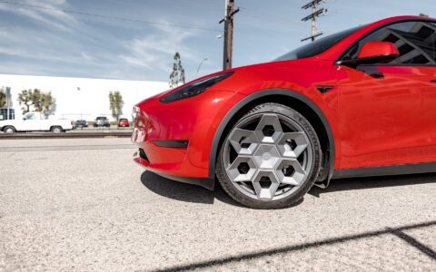 Red Multi Coat Tesla Model Y UP CYBRHX Wheels in Satin Titanium Image 22