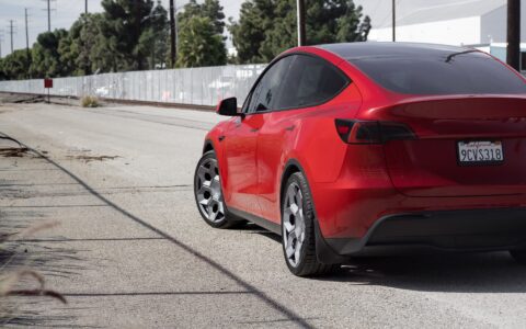 Red Multi Coat Tesla Model Y UP CYBRHX Wheels in Satin Titanium Image 29