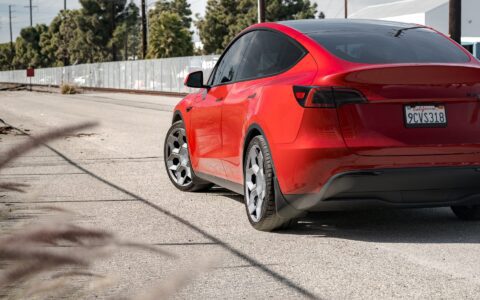 Red Multi Coat Tesla Model Y UP CYBRHX Wheels in Satin Titanium Image 30