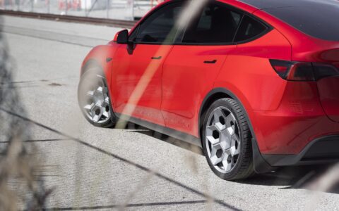 Red Multi Coat Tesla Model Y UP CYBRHX Wheels in Satin Titanium Image 31