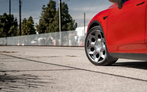 Red Multi Coat Tesla Model Y UP CYBRHX Wheels in Satin Titanium Image 32