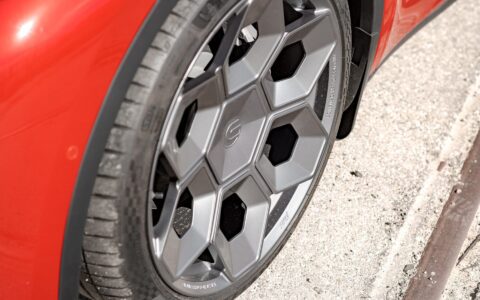 Red Multi Coat Tesla Model Y UP CYBRHX Wheels in Satin Titanium Image 37