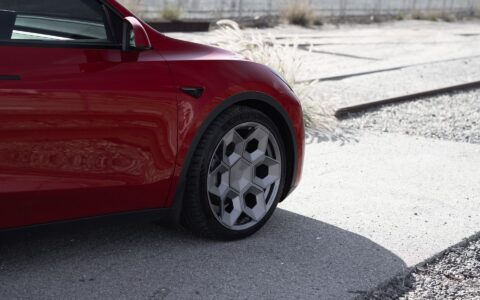 Red Multi Coat Tesla Model Y UP CYBRHX Wheels in Satin Titanium Image 39