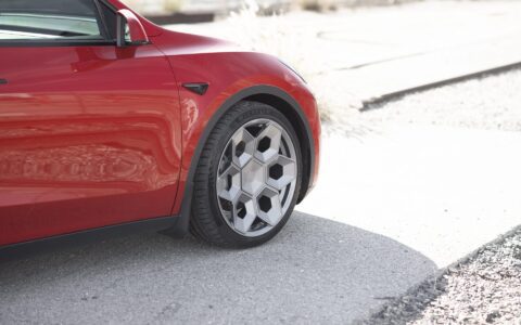 Red Multi Coat Tesla Model Y UP CYBRHX Wheels in Satin Titanium Image 40