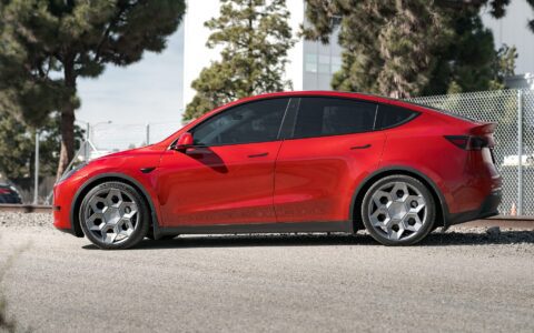 Red Multi Coat Tesla Model Y UP CYBRHX Wheels in Satin Titanium Image 43