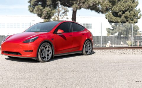 Red Multi Coat Tesla Model Y UP CYBRHX Wheels in Satin Titanium Image 44