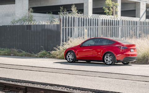 Red Multi Coat Tesla Model Y UP CYBRHX Wheels in Satin Titanium Image 7