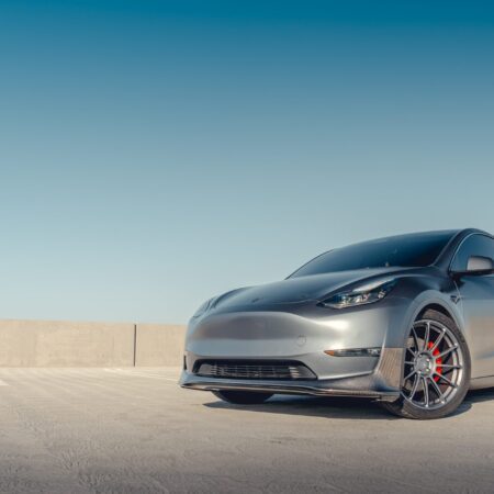 Gray Tesla Model Y – Front Lip Spoiler And UP-03 Forged Wheels In Satin Titanium