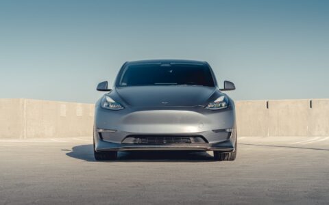 Gray Tesla Model Y - Front Lip Spoiler And UP-03 Wheels In Satin Titanium