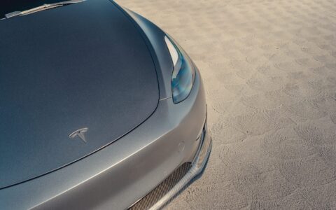 Gray Tesla Model Y - Front Lip Spoiler And UP-03 Wheels In Satin Titanium