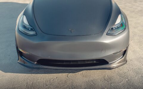 Gray Tesla Model Y - Front Lip Spoiler And UP-03 Wheels In Satin Titanium