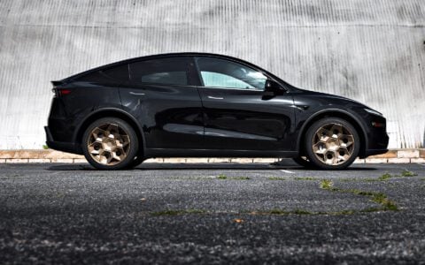 Diamond Black Tesla Model Y Juniper on CYBRHEX Forged Wheels in Satin Bronze