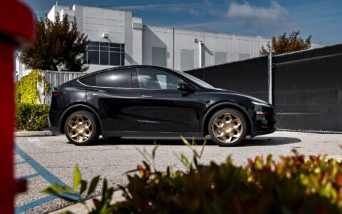 Diamond Black Tesla Model Y Juniper on CYBRHEX Forged Wheels in Satin Bronze