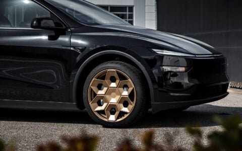 Diamond Black Tesla Model Y Juniper on CYBRHEX Forged Wheels in Satin Bronze