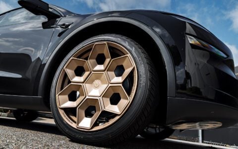 Diamond Black Tesla Model Y Juniper on CYBRHEX Forged Wheels in Satin Bronze