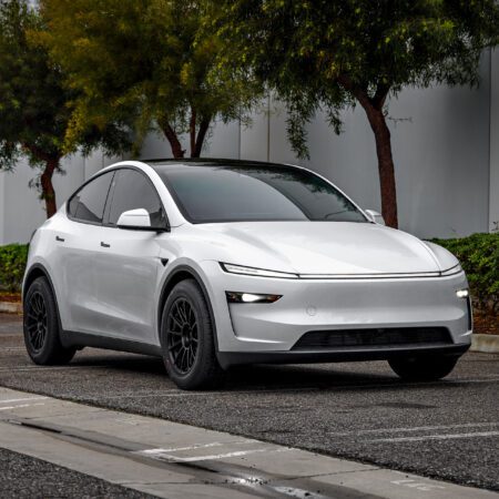 2026 Pearl White Model Y Juniper on 18 inch Off-Road Spec UP-03 in Satin Black