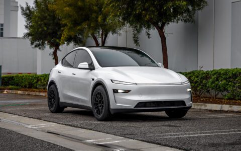 2026 Pearl White Model Y Juniper on 18 inch Off-Road Spec UP-03 in Satin Black