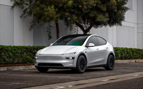 2026 Pearl White Model Y Juniper on 18 inch Off-Road Spec UP-03 in Satin Black