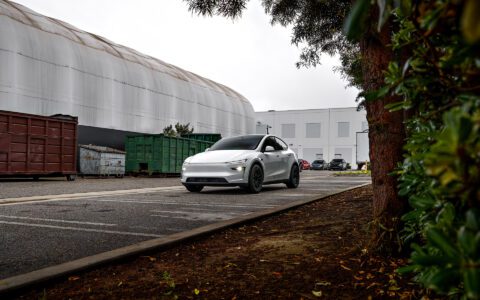 2026 Pearl White Model Y Juniper on 18 inch Off-Road Spec UP-03 in Satin Black