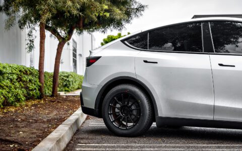 2026 Pearl White Model Y Juniper on 18 inch Off-Road Spec UP-03 in Satin Black