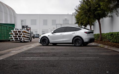 2026 Pearl White Model Y Juniper on 18 inch Off-Road Spec UP-03 in Satin Black