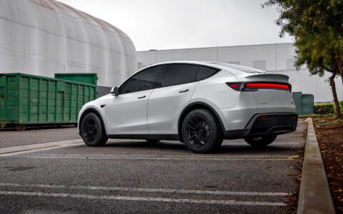 2026 Pearl White Model Y Juniper on 18 inch Off-Road Spec UP-03 in Satin Black