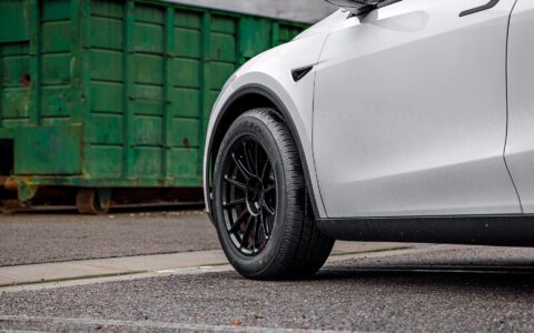 2026 Pearl White Model Y Juniper on 18 inch Off-Road Spec UP-03 in Satin Black