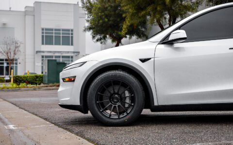 2026 Pearl White Model Y Juniper on 18 inch Off-Road Spec UP-03 in Satin Black