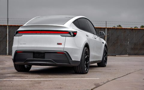 2026 Pearl White Model Y Juniper on 21 inch UP-05 in Satin Black