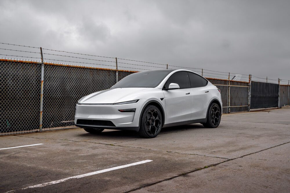 2026 Pearl White Model Y Juniper on 21 inch UP-05 in Satin Black