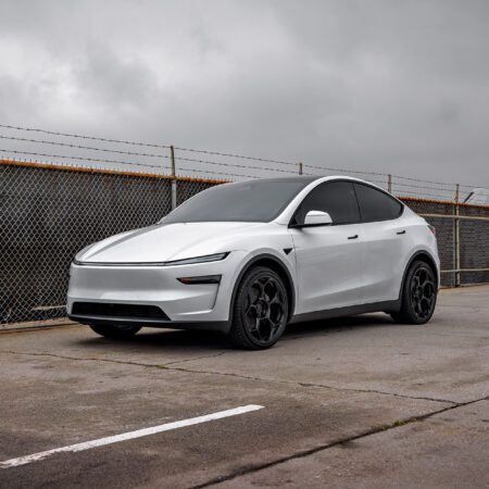 2026 Pearl White Model Y Juniper on 21 inch UP-05 in Satin Black