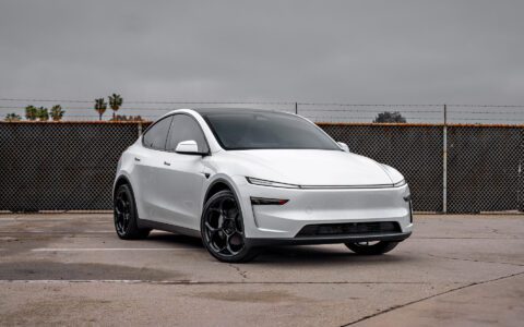 2026 Pearl White Model Y Juniper on 21 inch UP-05 in Satin Black