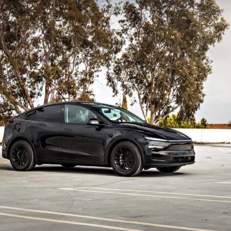 2026 Diamond Black Model Y Juniper on 18 inch Off-Road Spec UP-03 in Satin Black