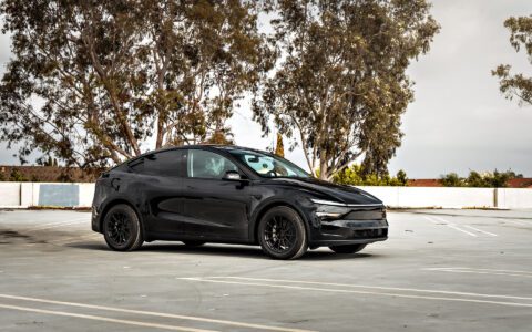 2026 Diamond Black Model Y Juniper on 18 inch Off-Road Spec UP-03 in Satin Black