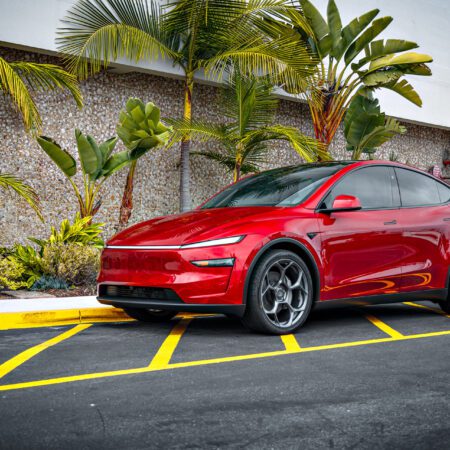 Ultra Red Tesla Model Y Juniper with Satin Titanium 21 inch UP-05 Forged Wheels