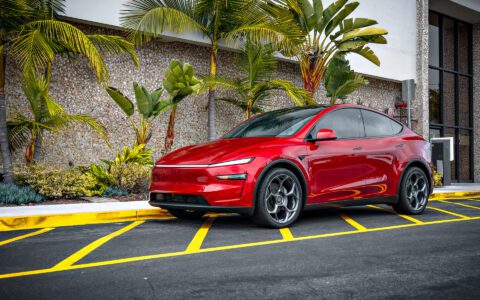 Ultra Red Tesla Model Y Juniper with Satin Titanium 21 inch UP-05 Forged Wheels