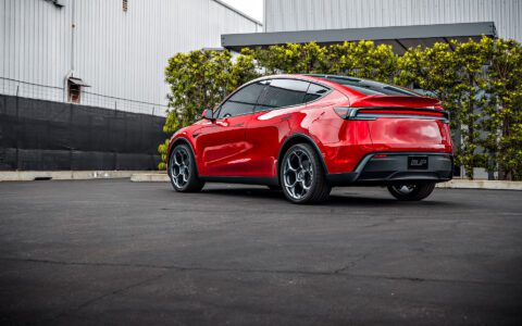 Ultra Red Tesla Model Y Juniper with Satin Titanium 21 inch UP-05 Forged Wheels