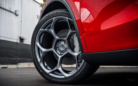 Ultra Red Tesla Model Y Juniper with Satin Titanium 21 inch UP-05 Forged Wheels