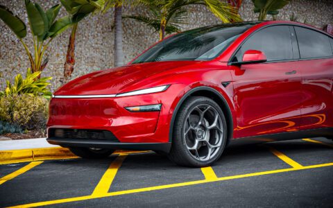 Ultra Red Tesla Model Y Juniper with Satin Titanium 21 inch UP-05 Forged WheelsUltra Red Tesla Model Y Juniper with Satin Titanium 21 inch UP-05 Forged Wheels