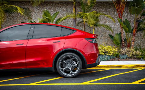 Ultra Red Tesla Model Y Juniper with Satin Titanium 21 inch UP-05 Forged Wheels