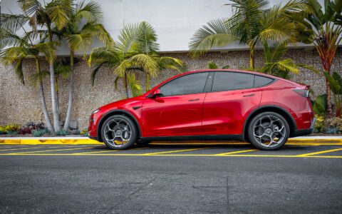 Ultra Red Tesla Model Y Juniper with Satin Titanium 21 inch UP-05 Forged Wheels