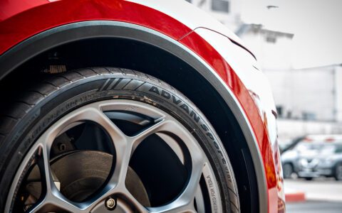 Ultra Red Tesla Model Y Juniper with Satin Titanium 21 inch UP-05 Forged Wheels