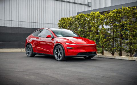 Ultra Red Tesla Model Y Juniper with Satin Titanium 21 inch UP-05 Forged Wheels