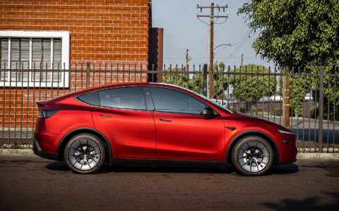 2026 Satin Red Tesla Model Y Juniper on 20 Inch UP Forged UP-RW Road Warrior Wheels