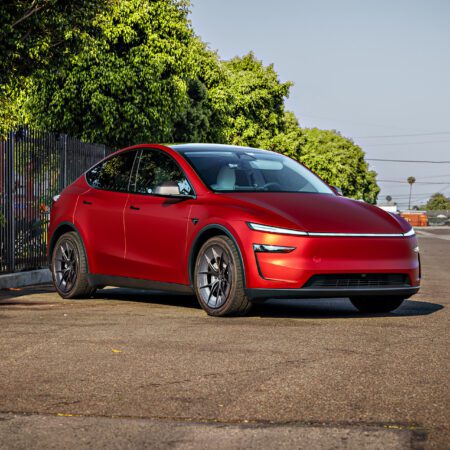 2026 Satin Red Tesla Model Y Juniper on 20 Inch UP Forged UP-RW Road Warrior Wheels