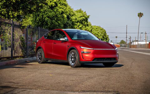 2026 Satin Red Tesla Model Y Juniper on 20 Inch UP Forged UP-RW Road Warrior Wheels