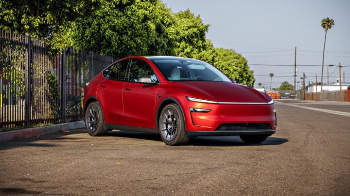 2026 Satin Red Tesla Model Y Juniper on 20 Inch UP Forged UP-RW Road Warrior Wheels